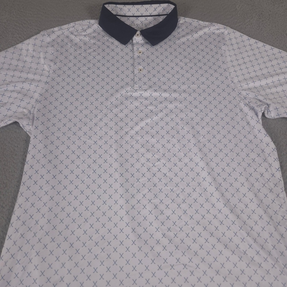 MAELREG Polo Shirt Mens XL White Navy Hockey Stick Print Performance Stretch